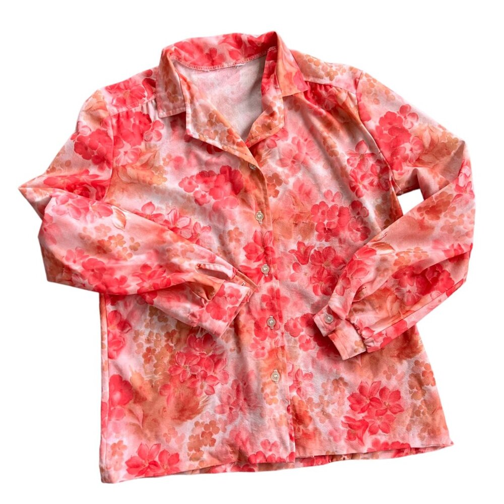 Vintage Novelty Neon Watercolor Floral Print Retro Groovy Blouse S